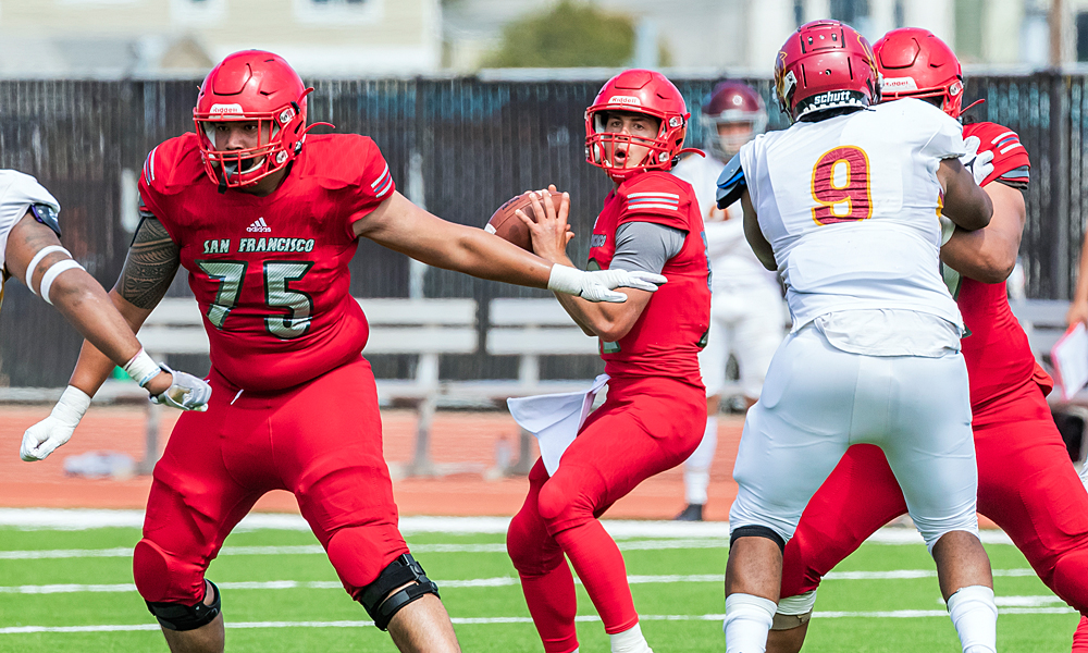 Quarterback Jack Newman completed 28-of-40 passes for 363 yards and four touchdowns in the Rams' 45-0 win over Sacramento City College. (Photo by Eric Sun)