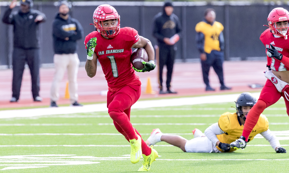 Dylan Camp had three interceptions, including one returned for a touchdown, in the Rams' win over Chabot. (Photo by Eric Sun)