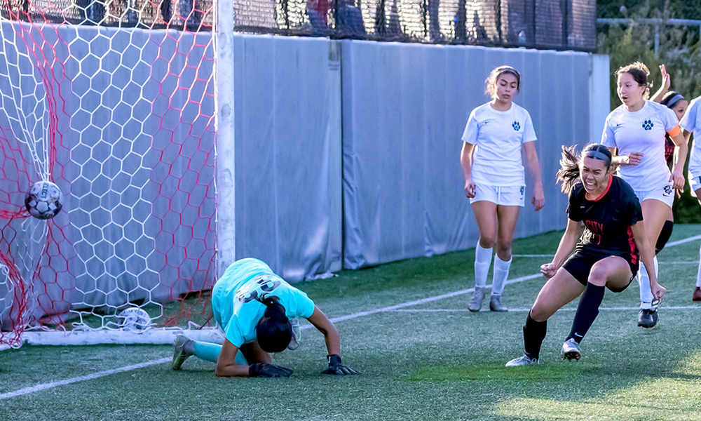 Joelle Fong-Pedrosa reacts to her eventual game-winning goal over Reedley (Photo by Eric Sun)