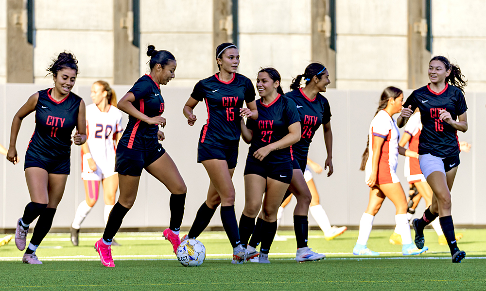 The Rams celebrate after a goal against Gavilan. (Photo by Eric Sun)