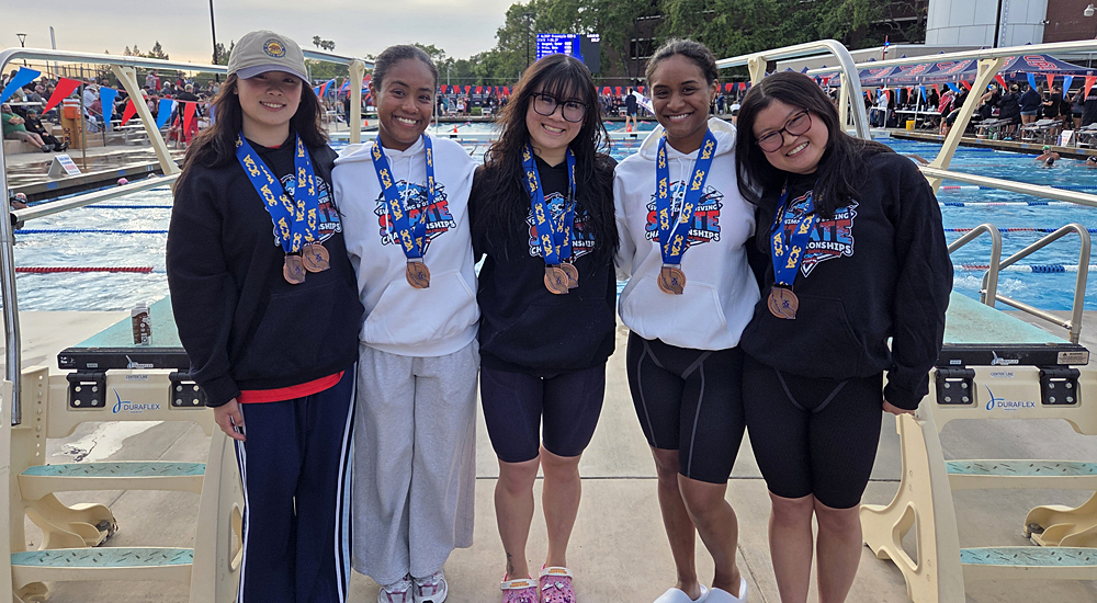 CCSF's state championship swimmers (Left-right): Lian Mar, Remy Dizon, Sophia Tran, Serawit Ezra, and Samantha Ng.